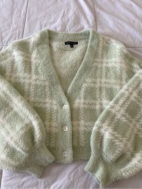 Kendall & Kylie Mint Green and White Plaid Fuzzy Cardigan Sweater